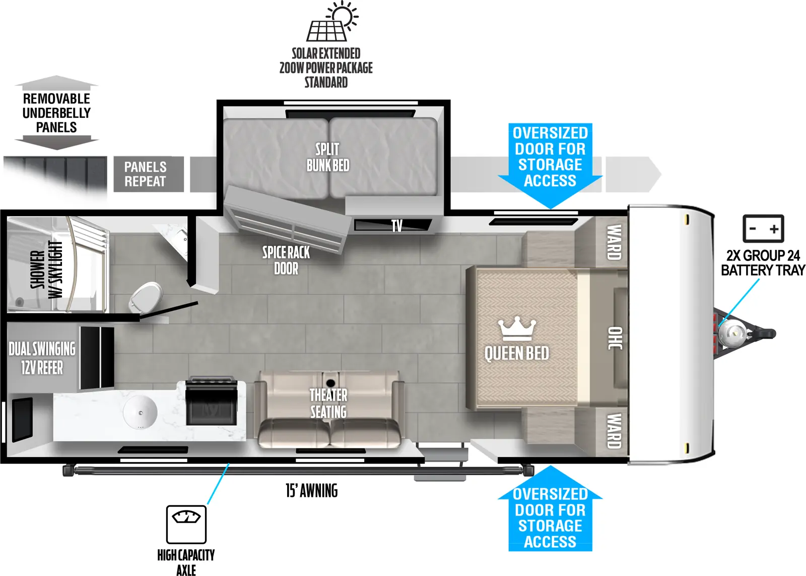 The Wildwood FSX 162VIEW floorplan has one slideout and one entry. Exterior features 2x group 24 battery tray, front storage access, 15 foot awning, high capacity axle, removable underbelly panels, and solar extended 200W power package. Interior layout front to back: foot-facing queen bed with overhead cabinet and wardrobes on each side; off-door side slideout with TV and spice rack door with hidden split bunk bed behind; door side entry, and theater seating; rear off-door side full bathroom with shower with skylight; door side kitchen counter with cooktop and sink that goes to rear with dual swinging 12V refrigerator.